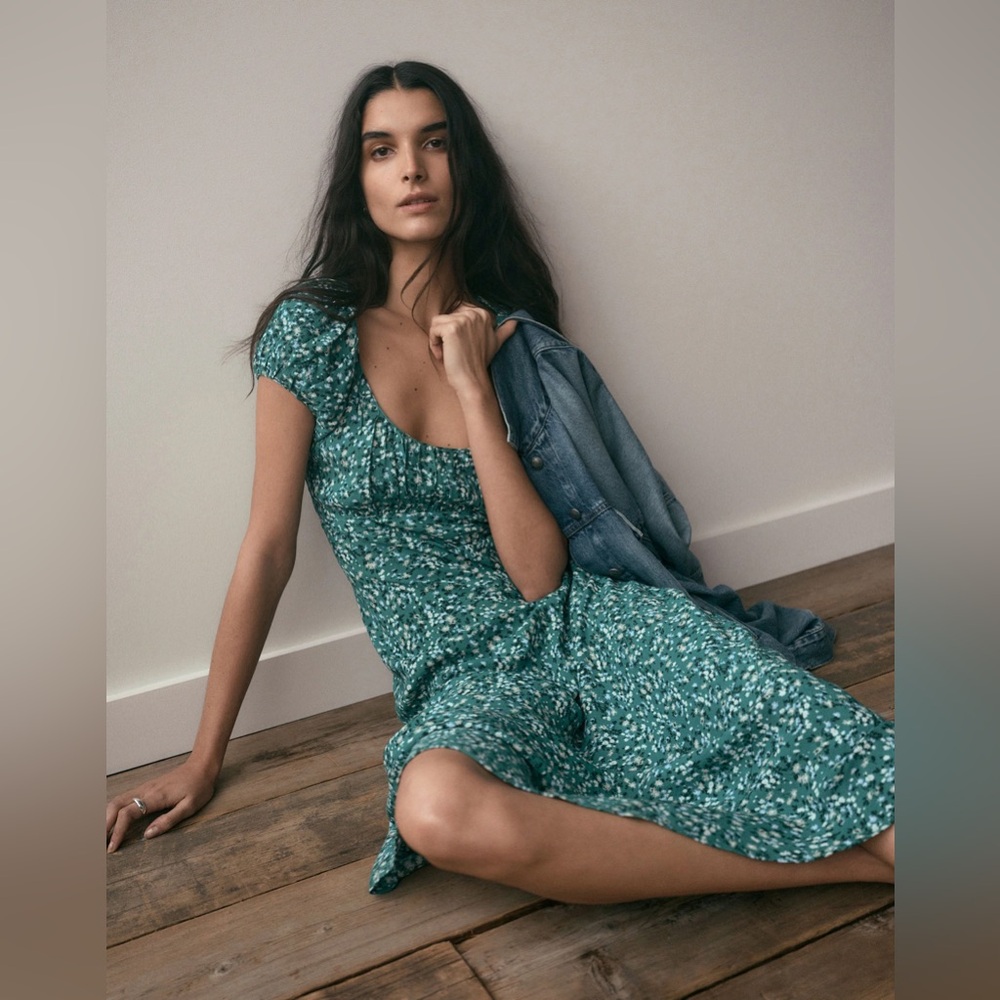 NWT MaRuched Scoopneck Midi Dress Green Floral Sz 10 bottom 8” shredded dress - Picture 6 of 13